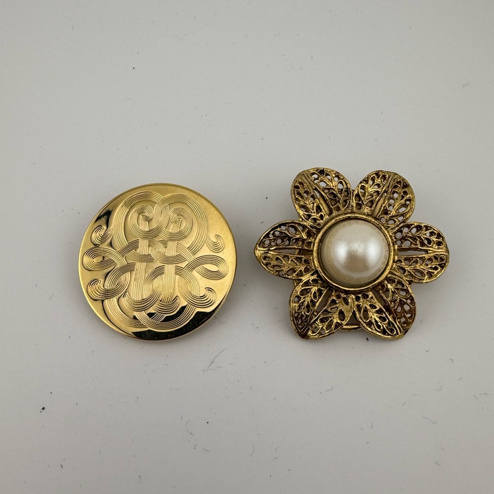 Vintage Scarf with Faux Pearl, Flower Shaped and Gold Tone, Set of 2